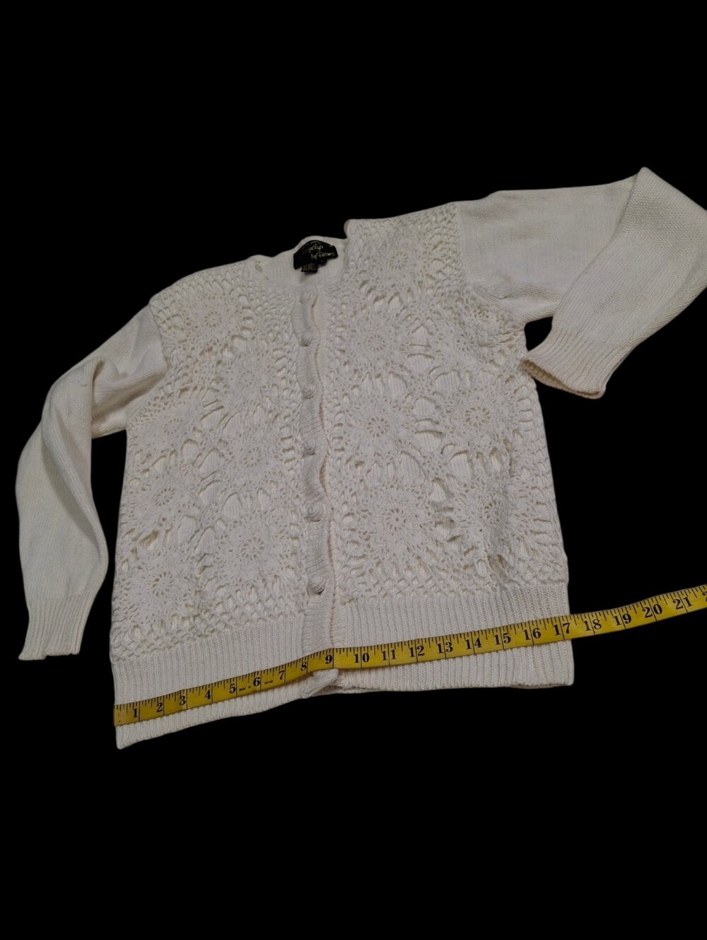 Vintage Jacquelyn by Browne Crochet Cardigan Sweater Ivory Button-Up Small - Picture 12 of 14